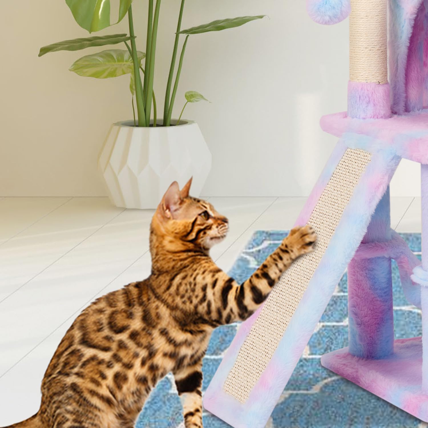 MIAO PAW Rainbow Cat Tree side view in living room showing space-saving design.