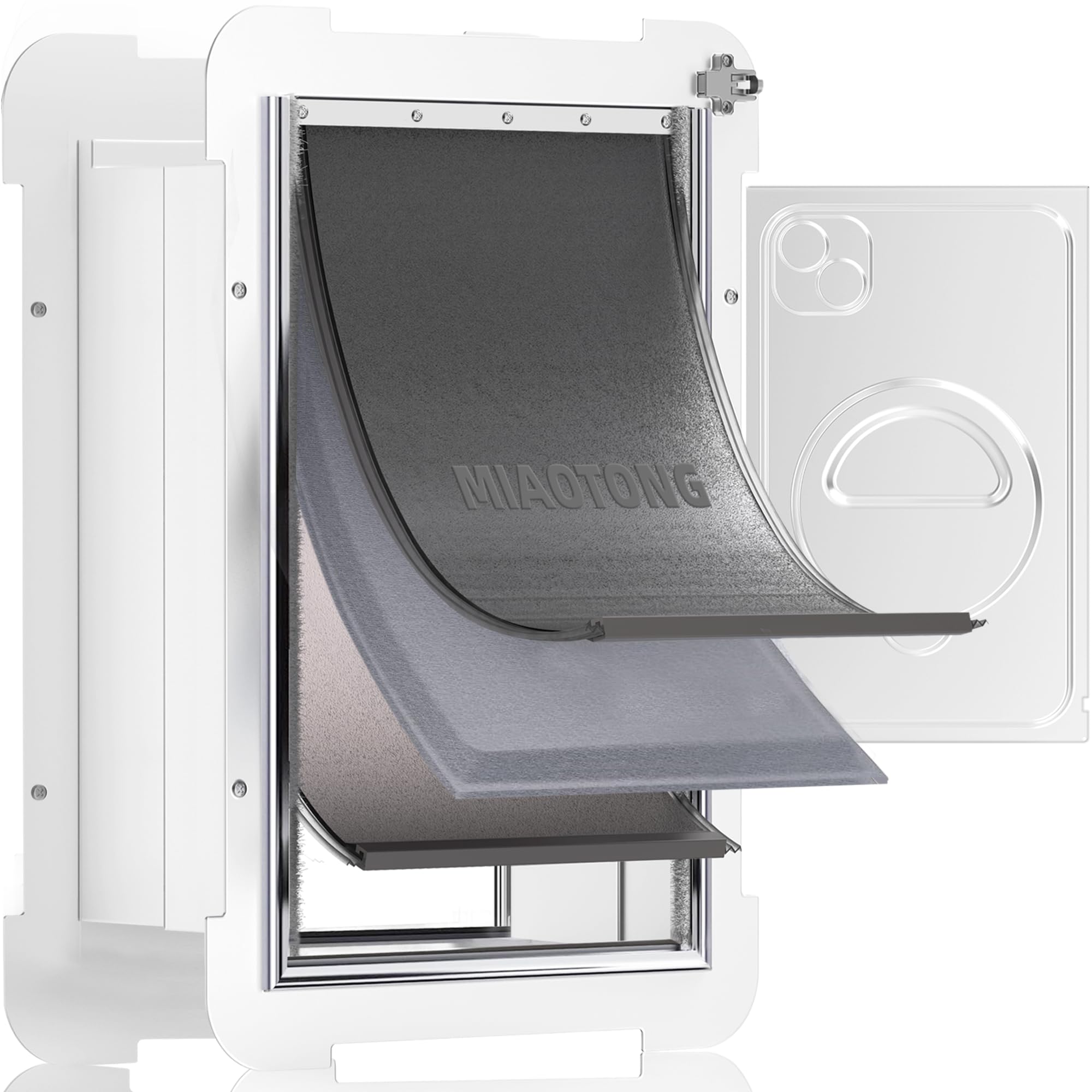 MIAOTONG 3-flap dog door wall close-up shows durable aluminum frame for large dogs