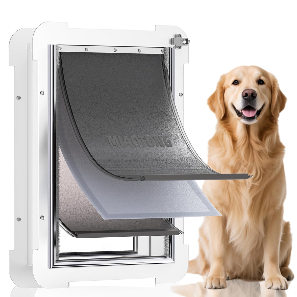MIAOTONG 3-flap steel dog door exterior closed showing secure locking panel.