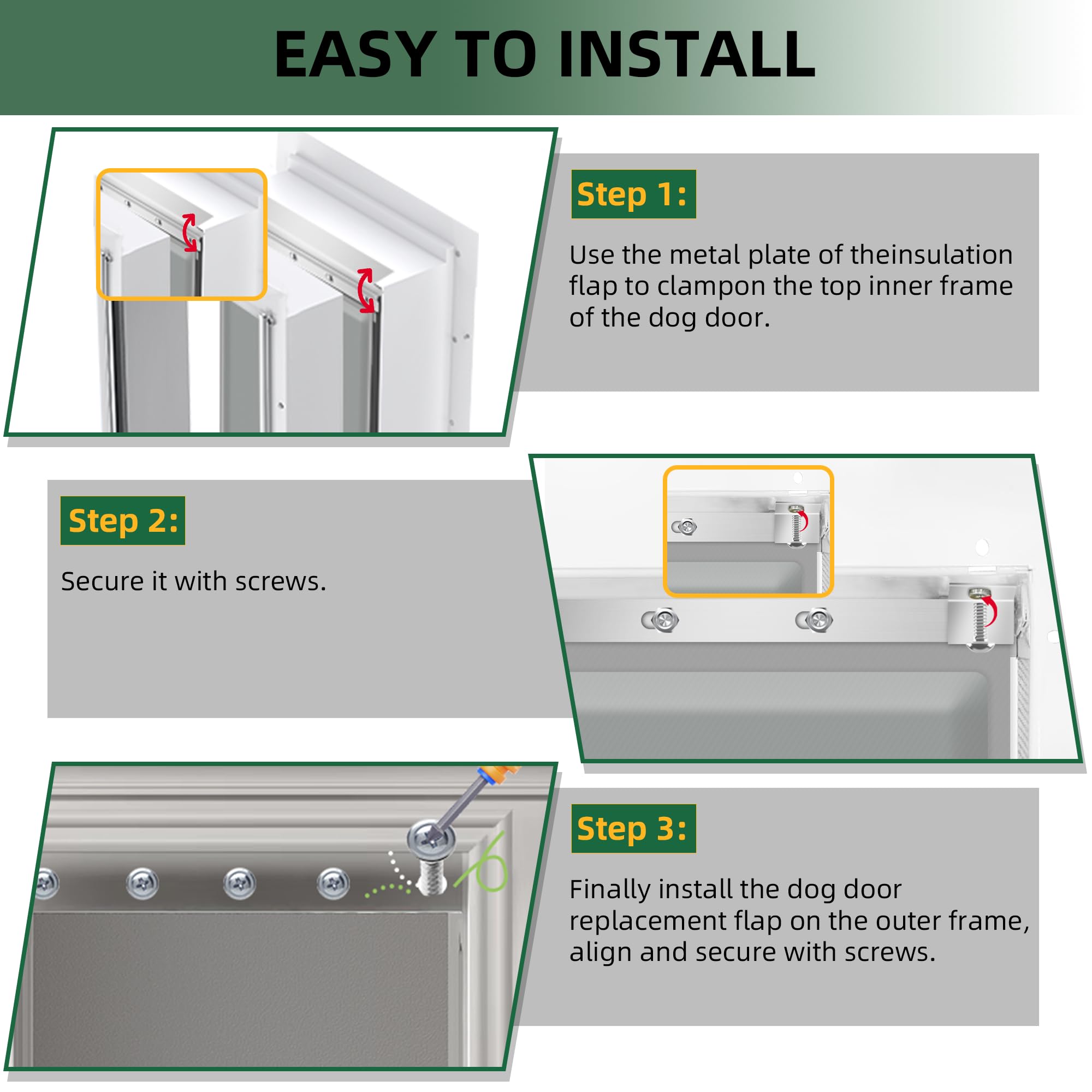 MIAOTONG easy-install dog door flap kit with screws for quick DIY setup.