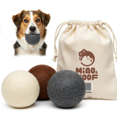 Miao and Woof 3-Piece Wool Dog Balls packaging showcases eco-friendly materials for safe play.