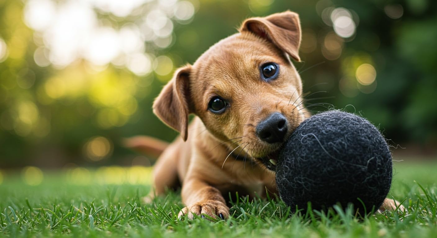 Miao and Woof outdoor play shot demonstrates durable wool ball for adventurous dogs.