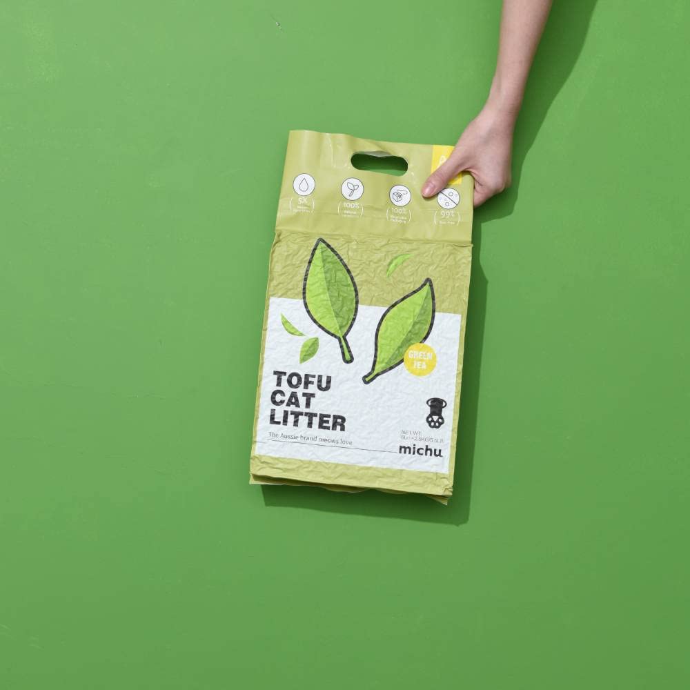 Michu Tofu Cat Litter 3-pack Greentea packaging emphasizes eco-friendly convenience and value.