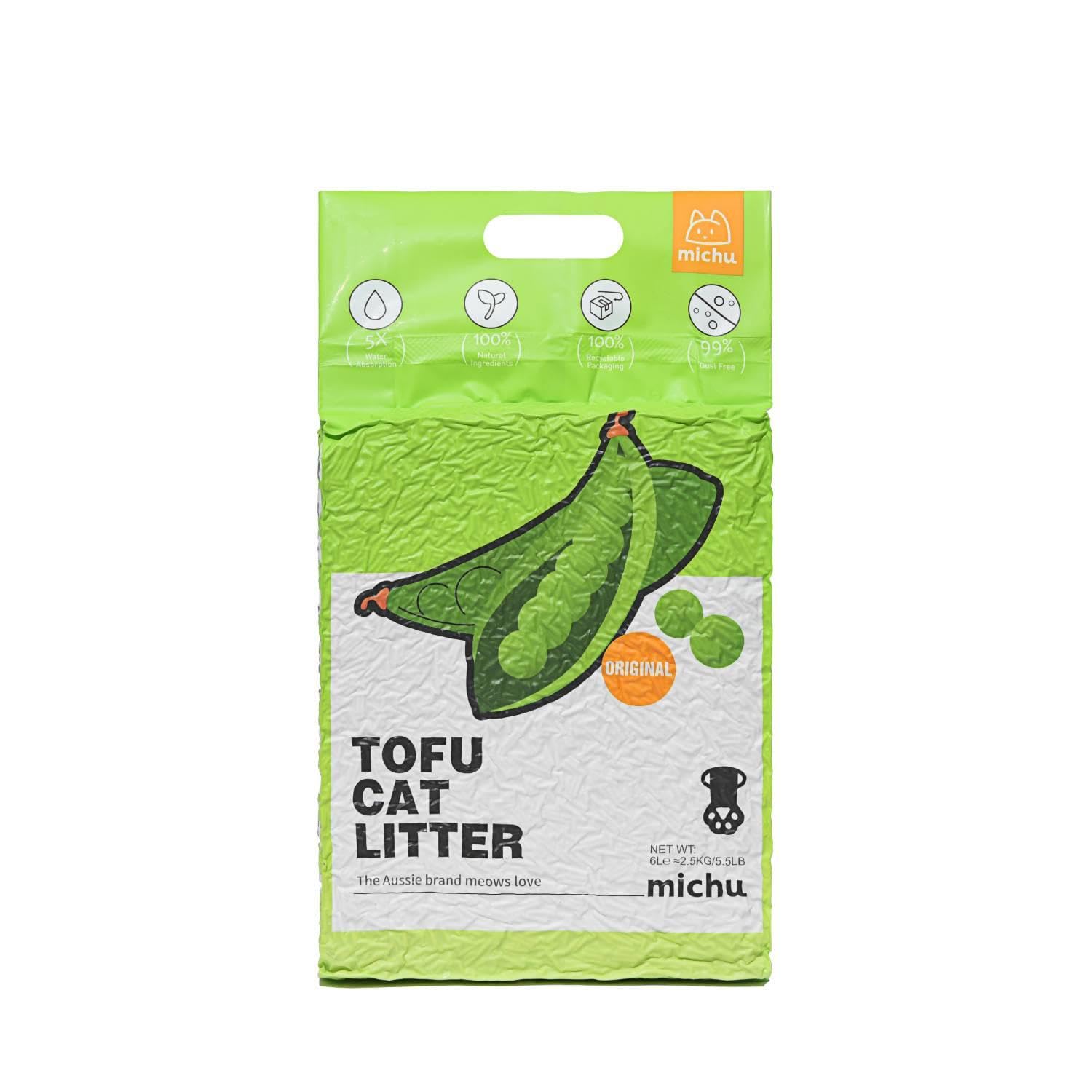 Michu Tofu Cat Litter original bag showing quick clumping for easy cleanup