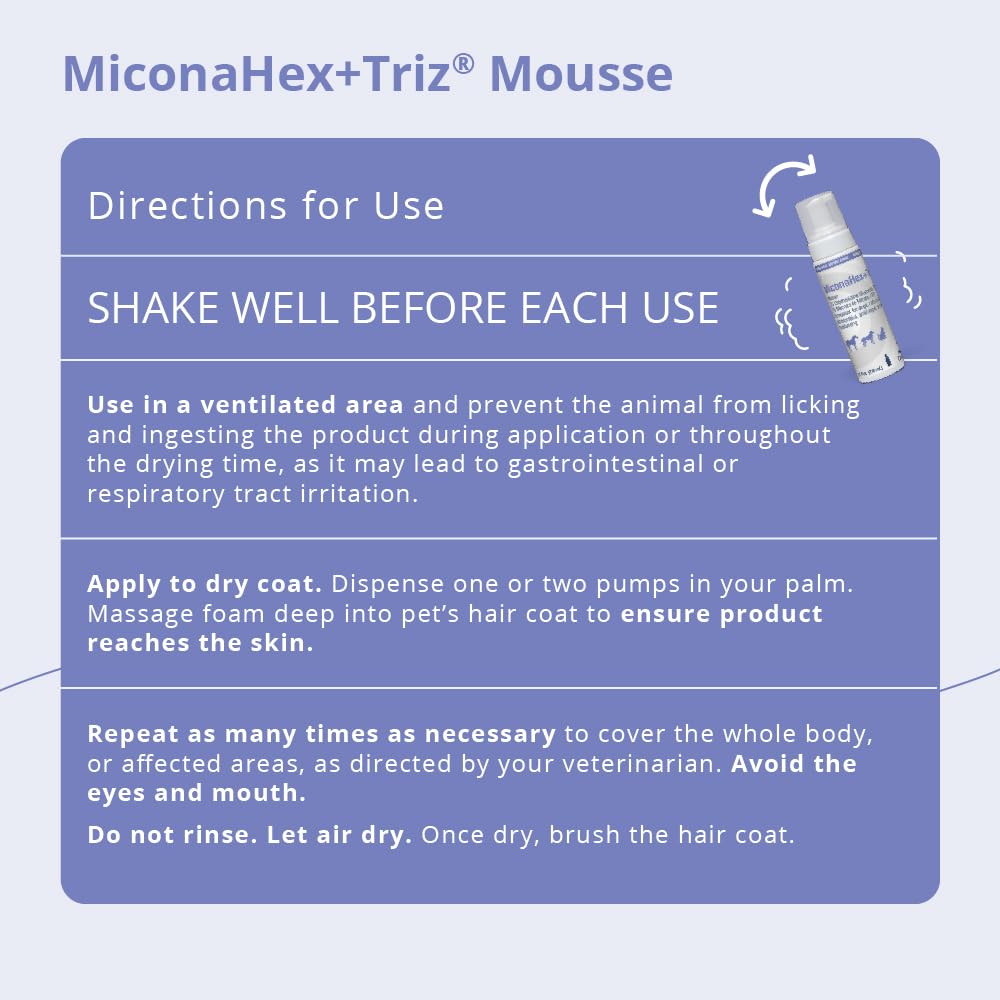 MiconaHex+Triz Mousse label-closeup shows fungal and bacterial skin-condition indications.