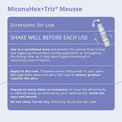 MiconaHex+Triz Mousse label-closeup shows fungal and bacterial skin-condition indications.