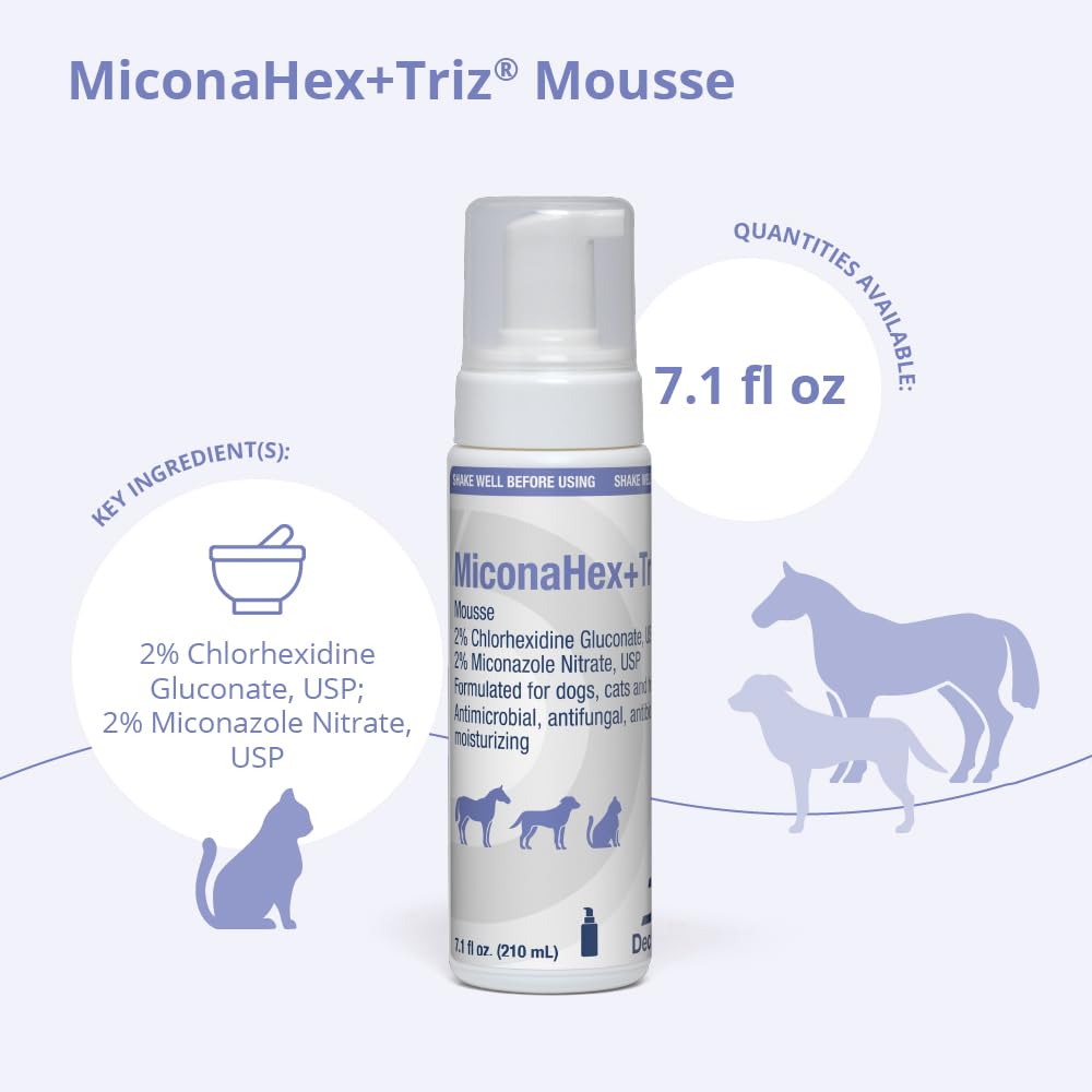 MiconaHex+Triz Mousse texture-closeup highlights silky mousse for gentle coat care.