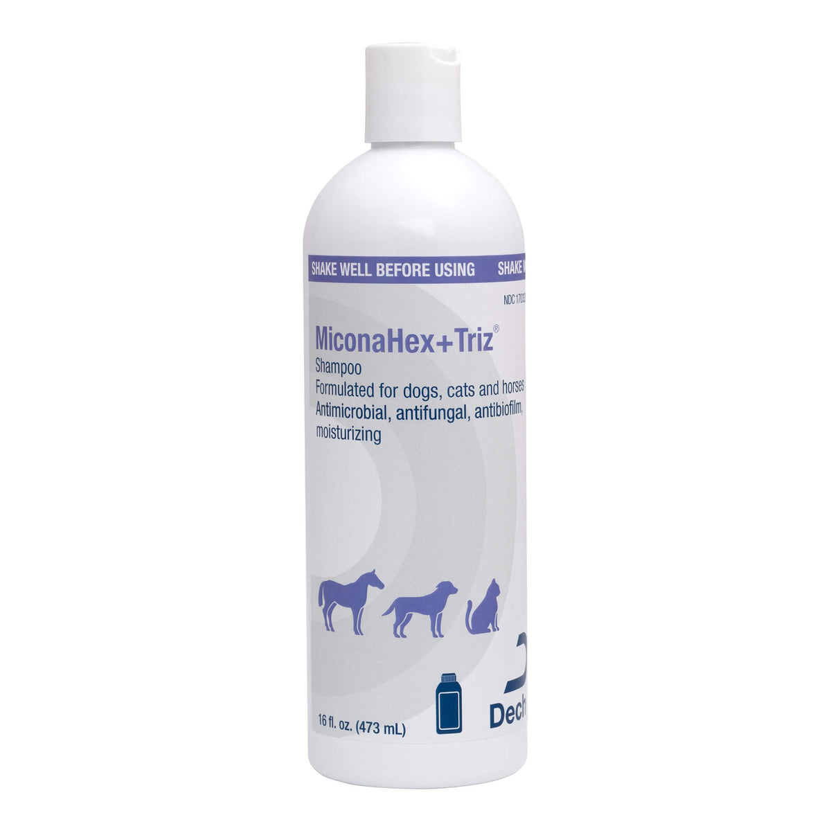 MiconaHex+Triz shampoo bottle—creamy formula for dogs, cats, and horses supporting healthy skin and barrier repair