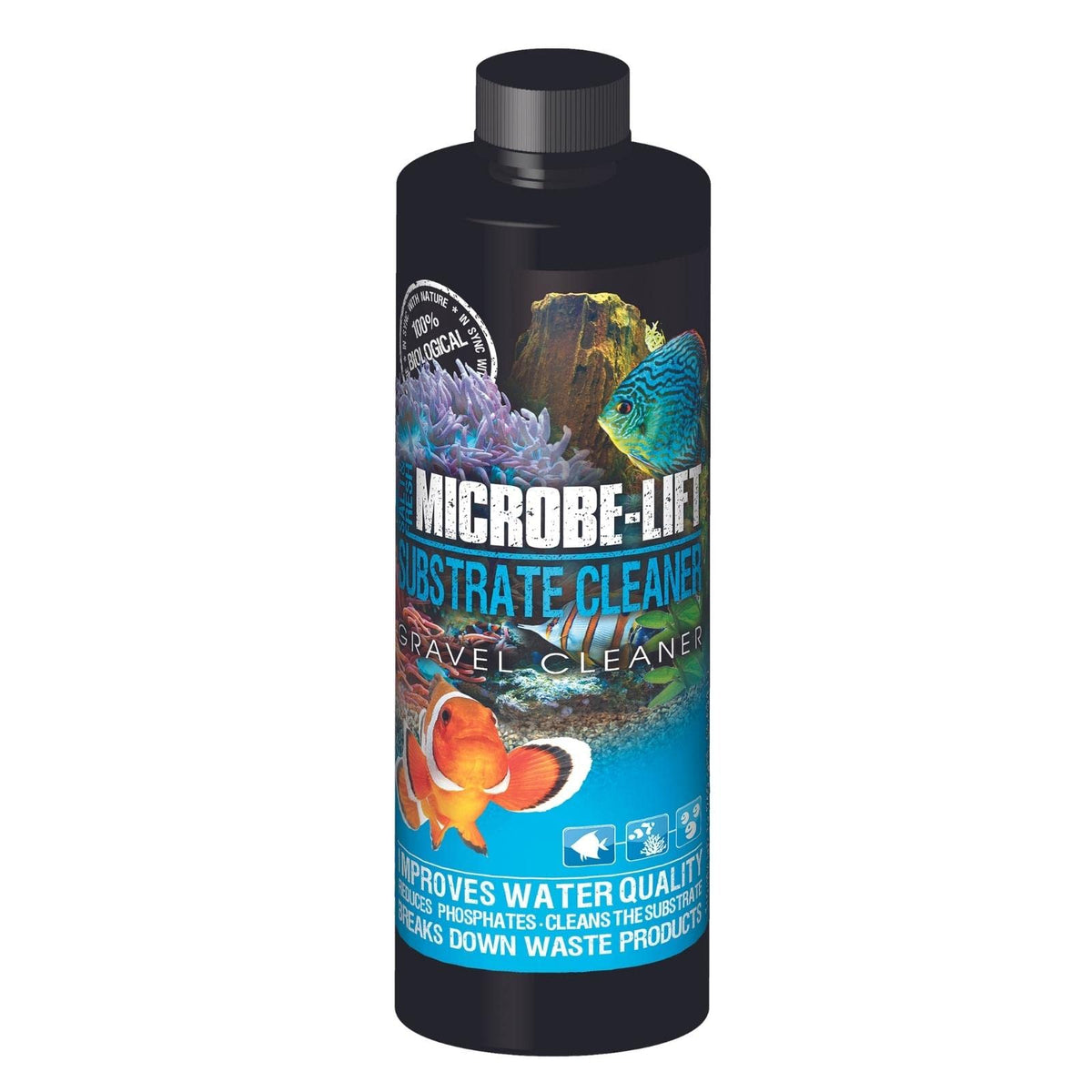 MICROBE-LIFT gravel cleaner bottle pour showing easy dosing for substrate cleaning