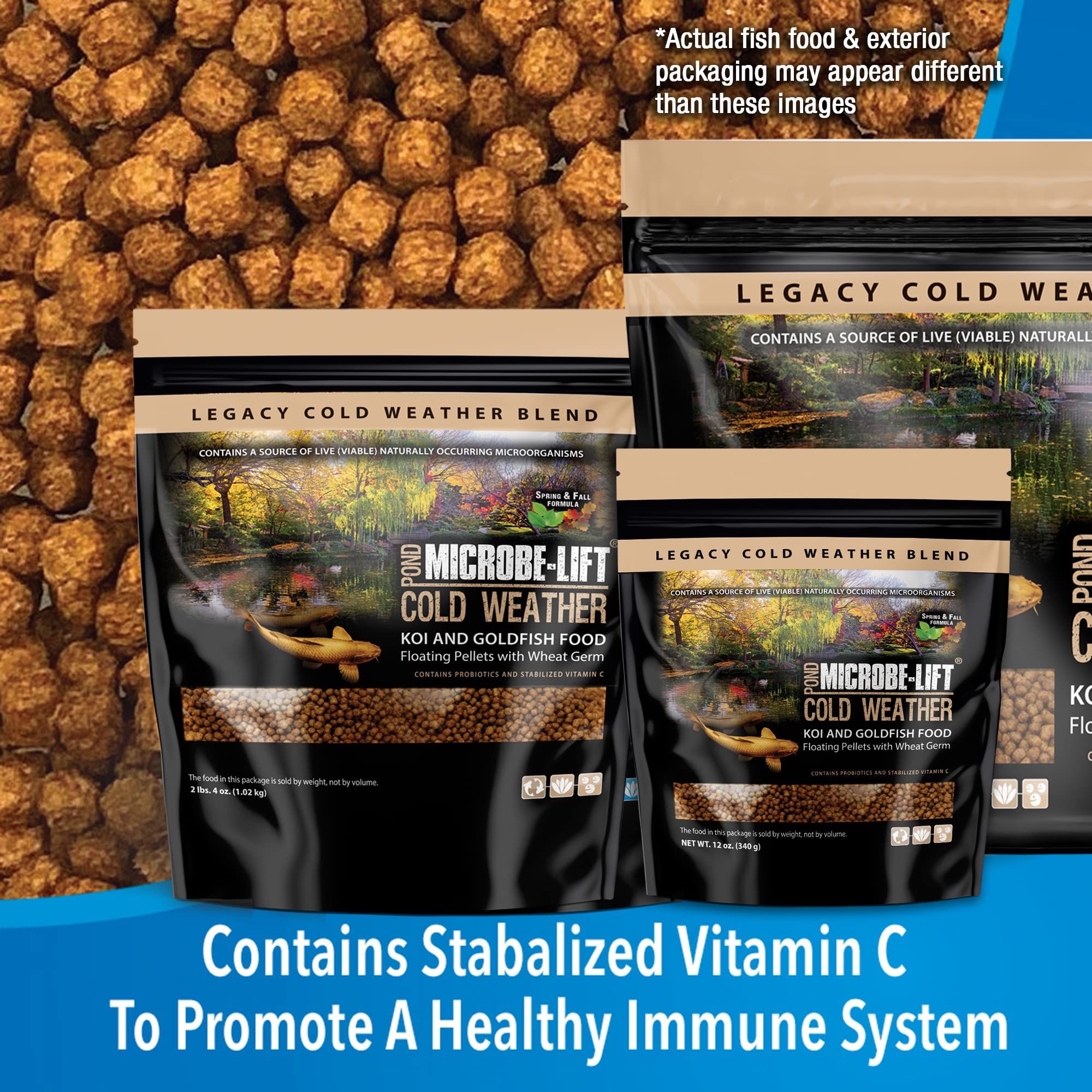 Microbe-Lift MLLWGSM floating pellets resting gently on the water surface for easy feeding.