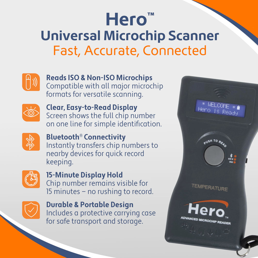 Microchip ID For the Animal World Hero Scanner backlit display aids readability in low light