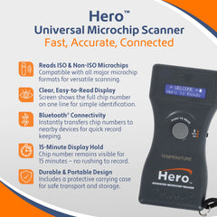 Microchip ID For the Animal World Hero Scanner backlit display aids readability in low light