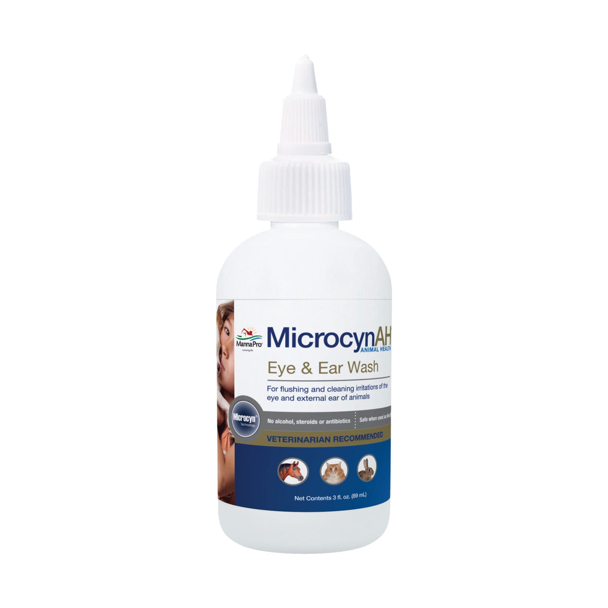 Microcyn AH ear-eye wash bottle demonstrates gentle cleansing for ears and eyes.