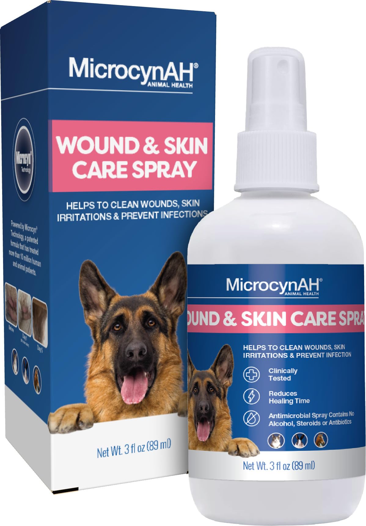 Microcyn AH wound spray bottle closeup, gentle solution for pet wounds.