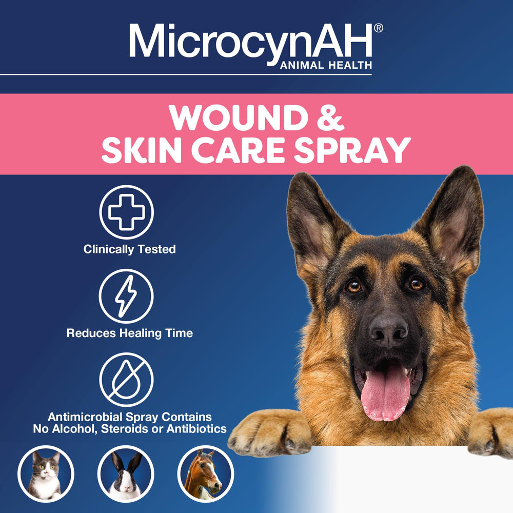 Microcyn AH wound spray on a dog injury, easy soothing application.