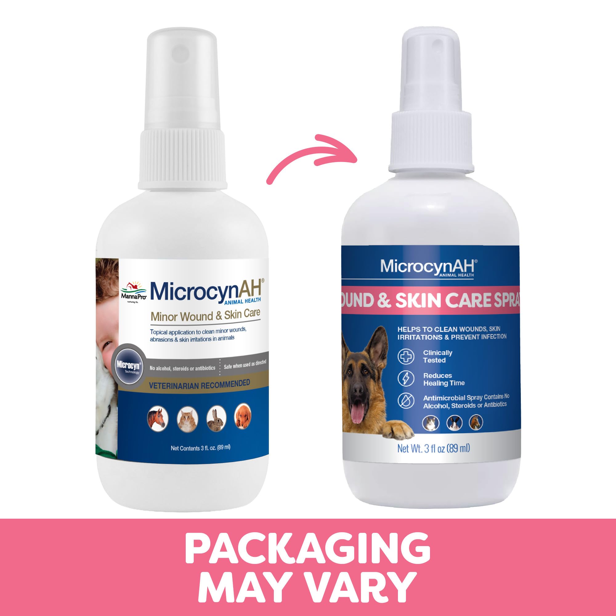 Microcyn AH wound spray packaging, ready-to-use pet first aid solution.