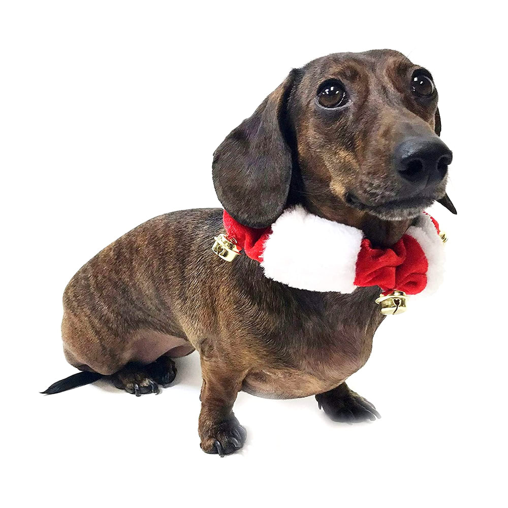 Midlee Christmas plush collar in red and white, side view highlighting stretchy, comfortable fit