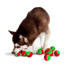 Midlee dog fetch Christmas ball red-green 12-pack aids indoor play.