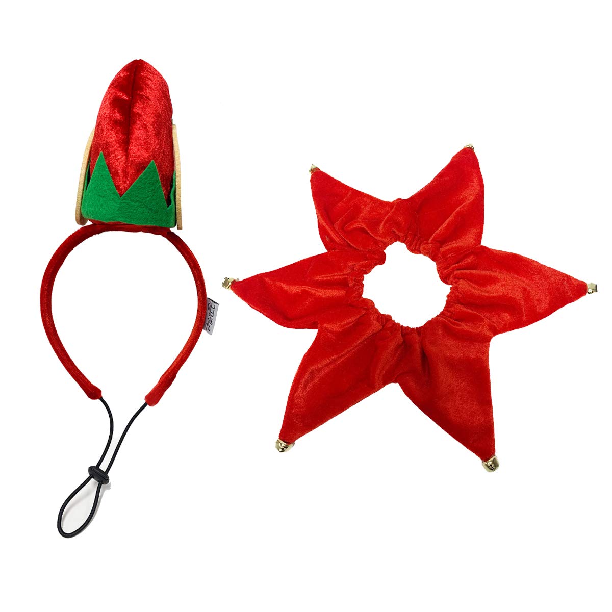 Midlee elf dog hat with bell neck band elastic chin strap keeps hat secure.