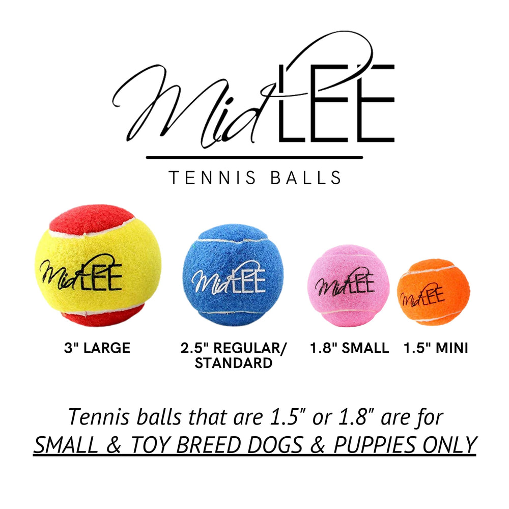 Midlee mini tennis balls packaging view shows 12-pack convenience for busy households.