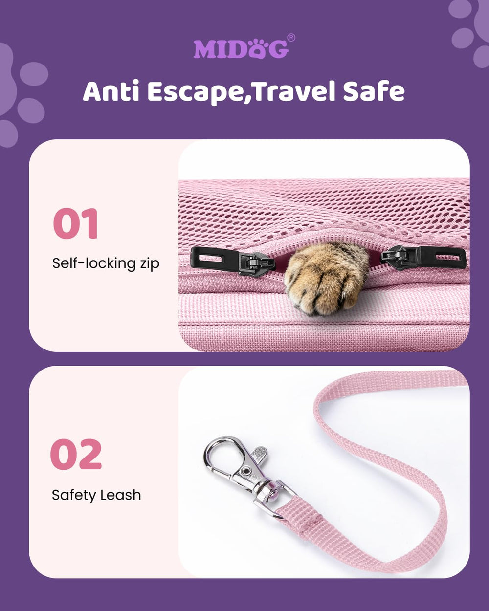 MIDOG Internal Safety Leash Coral keeps a small pet safely restrained during travel.