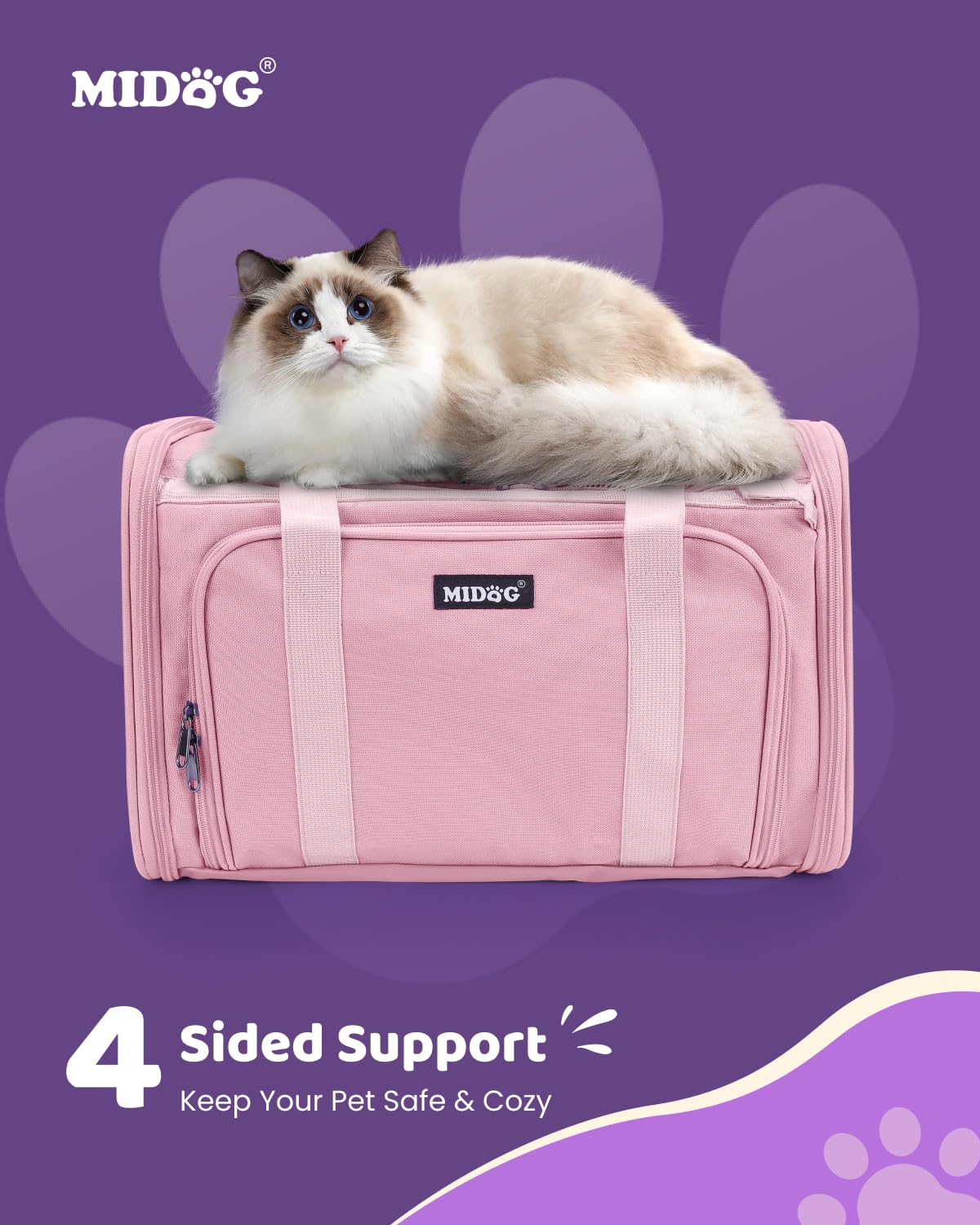 MIDOG Cat Carrier with seatbelt loops coral enables secure car travel.