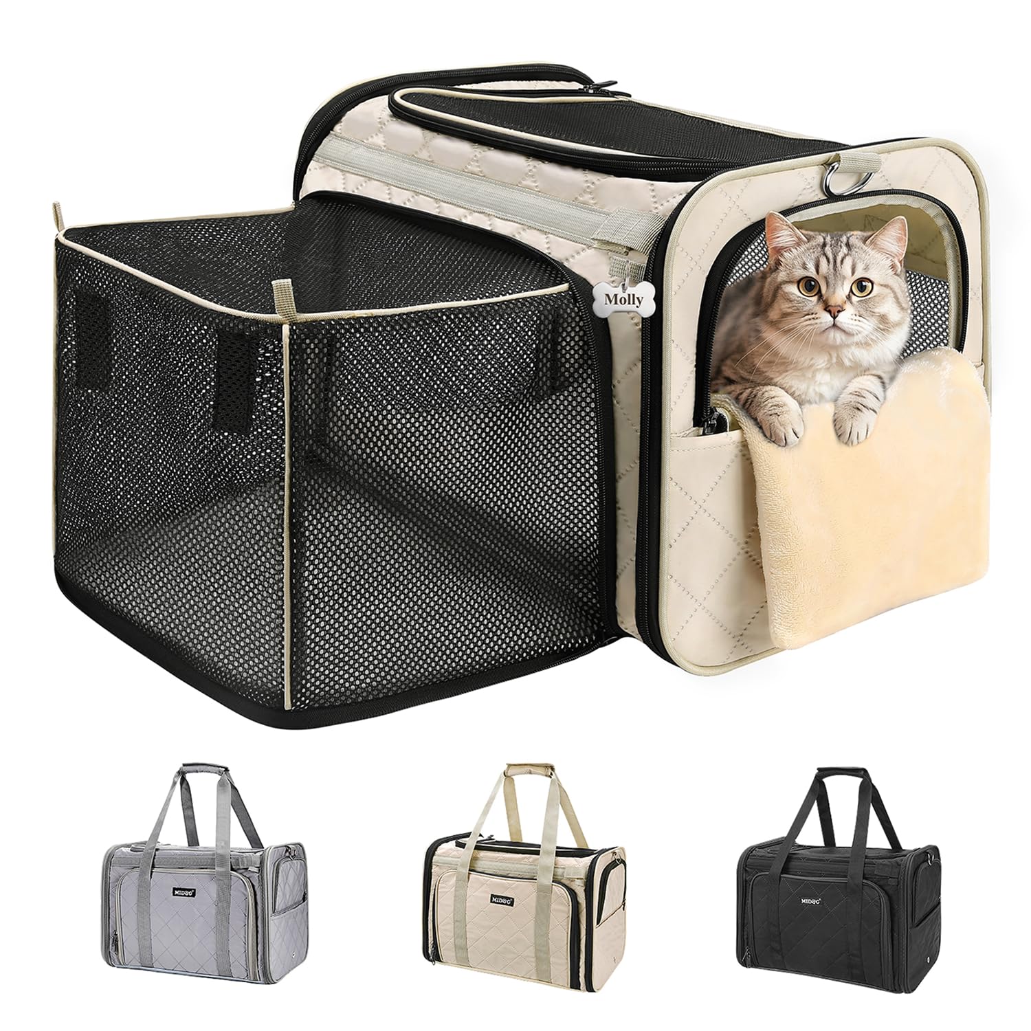 MIDOG cat carrier soft beige under-seat view shows airline-friendly size and security.