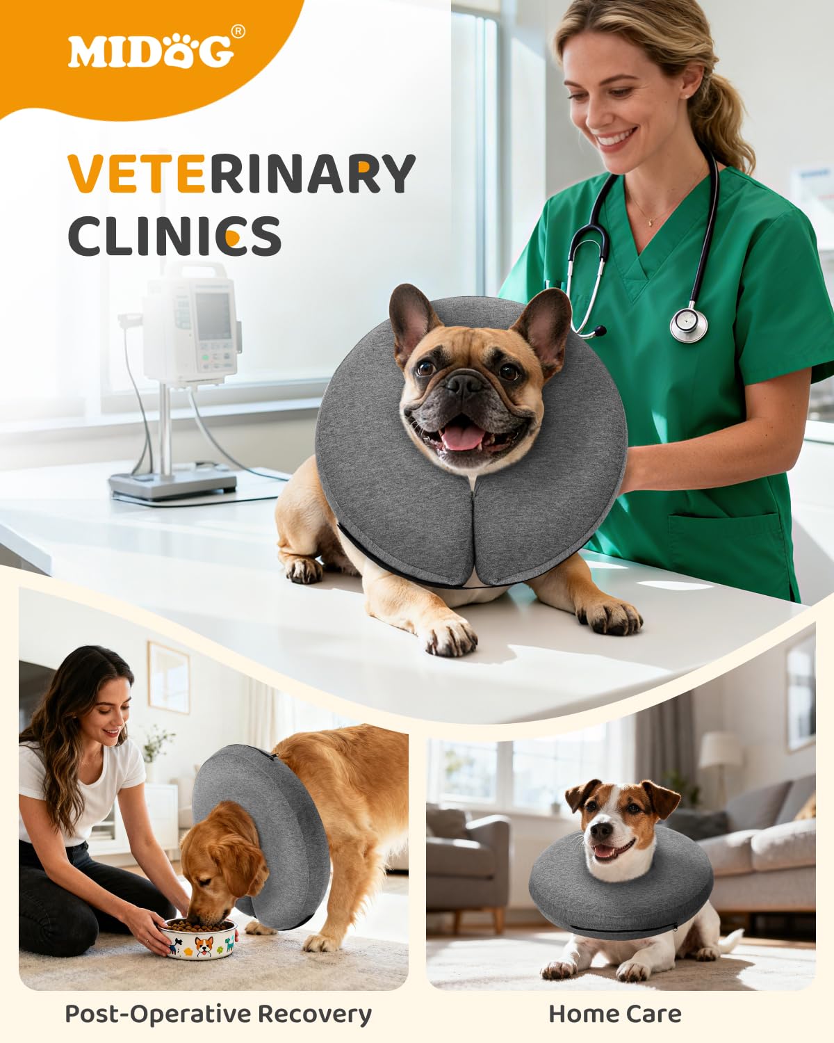 MIDOG donut collar on dog lying down highlighting soft recovery pillow