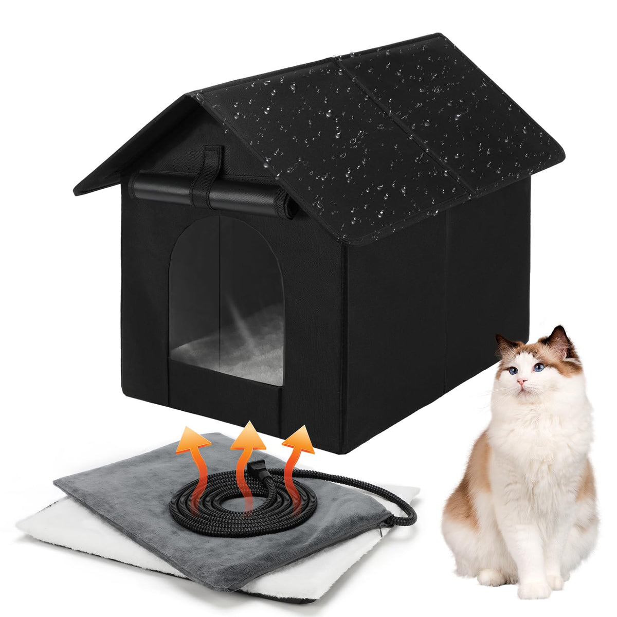 Midollarle heated outdoor cat house side view shows durable shelter for chilly evenings