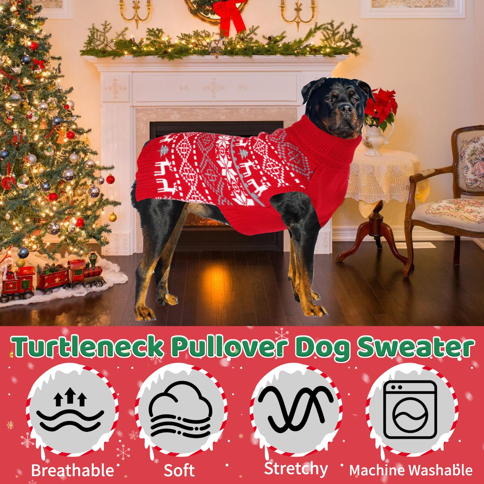 Midollarle X-Large dog sweater with snowflakes and reindeer festive design