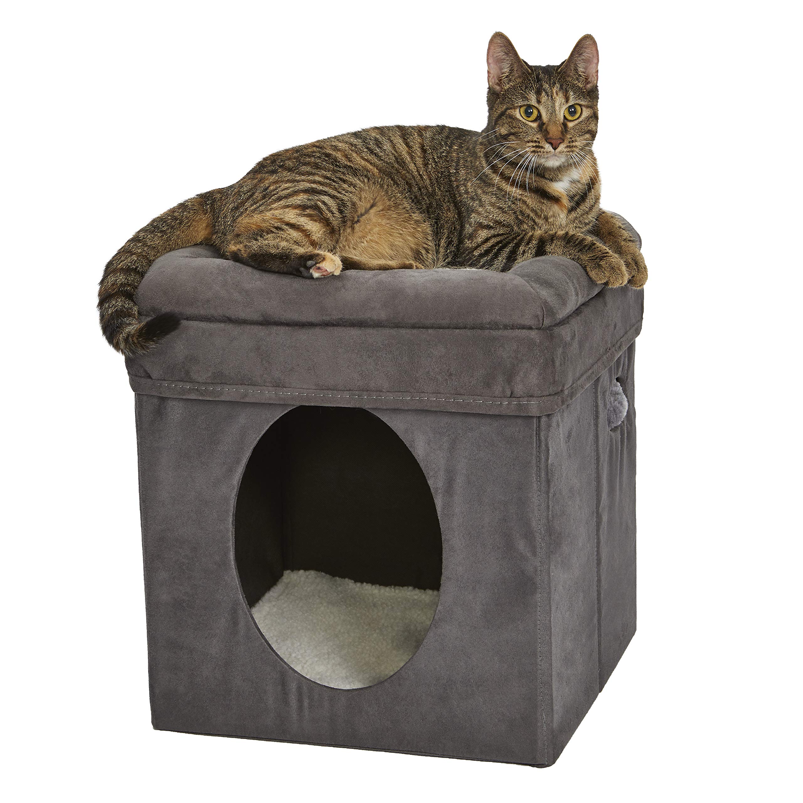 MidWest Homes for Pets Cat Cube exterior in gray faux suede, stylish and space-saving.