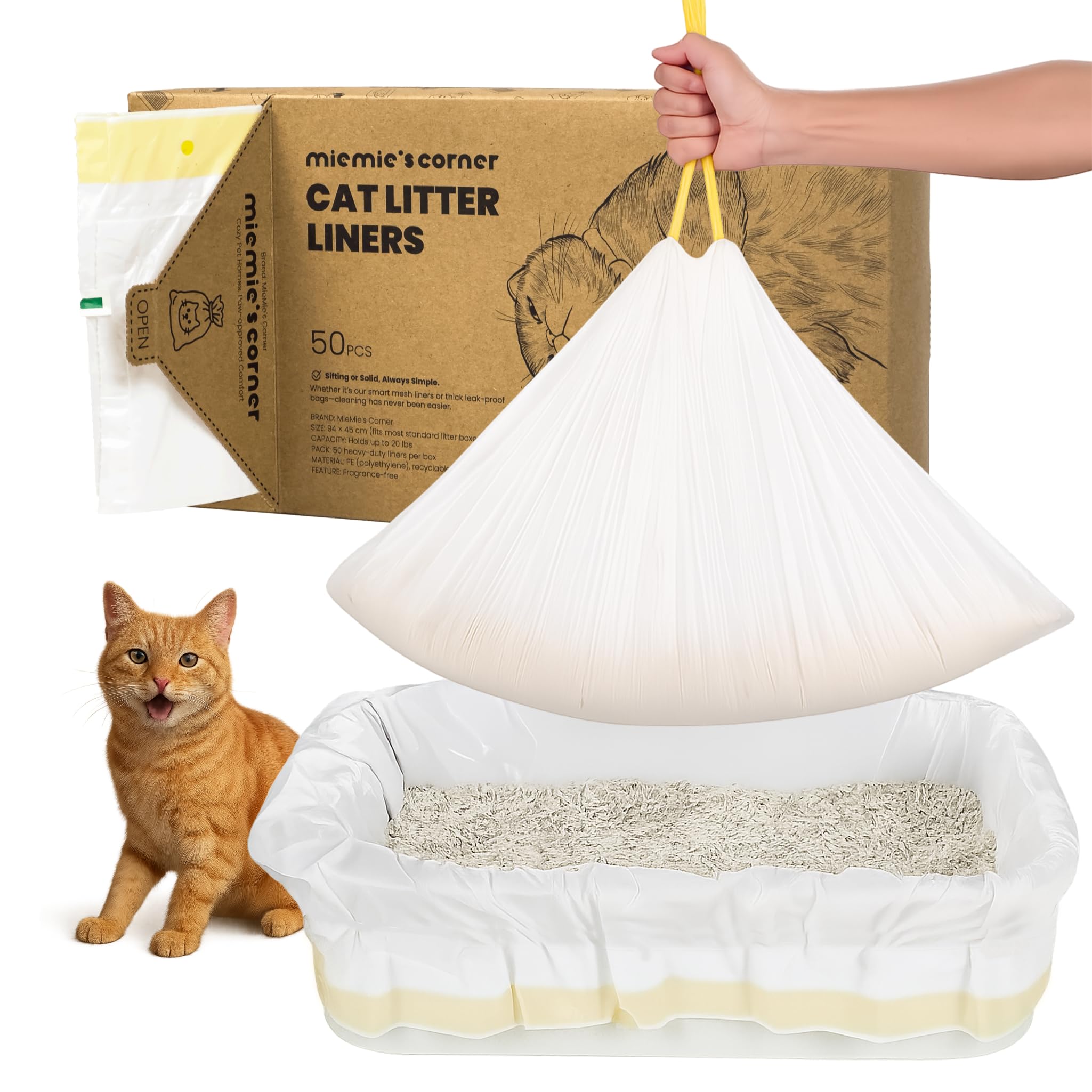 Miemie's Corner cat litter liners 37x18 pack shows jumbo size for large boxes.
