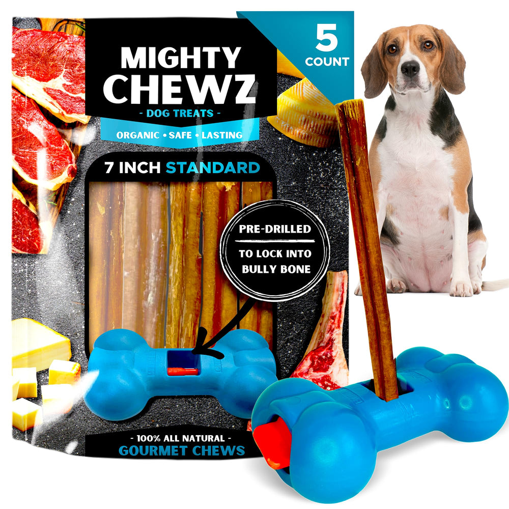 Mighty Chewz 7in bully-stick holder securely fastens for safe chewing.