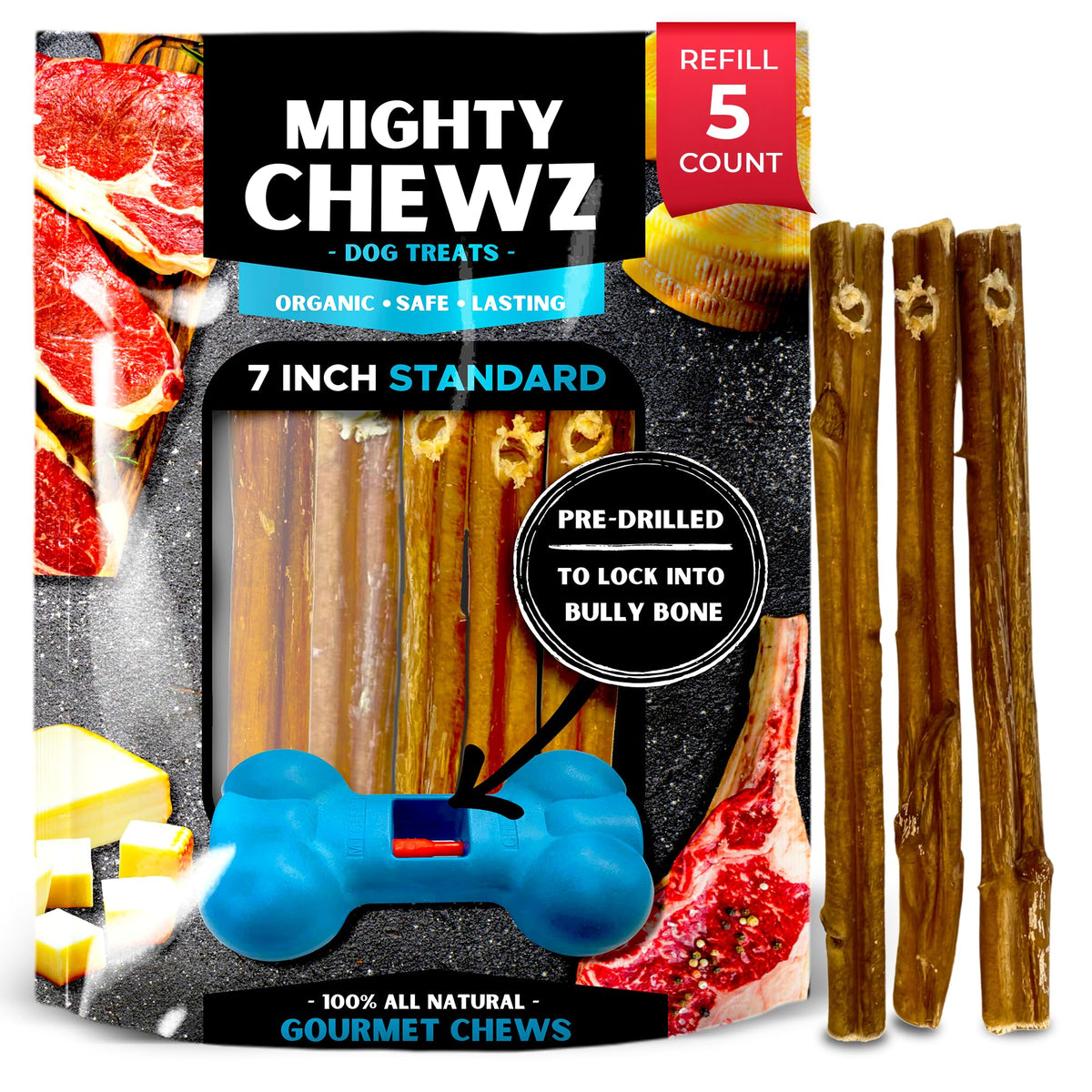 MIGHTY CHEWZ secure-fit bully stick holder shows safe chewing setup
