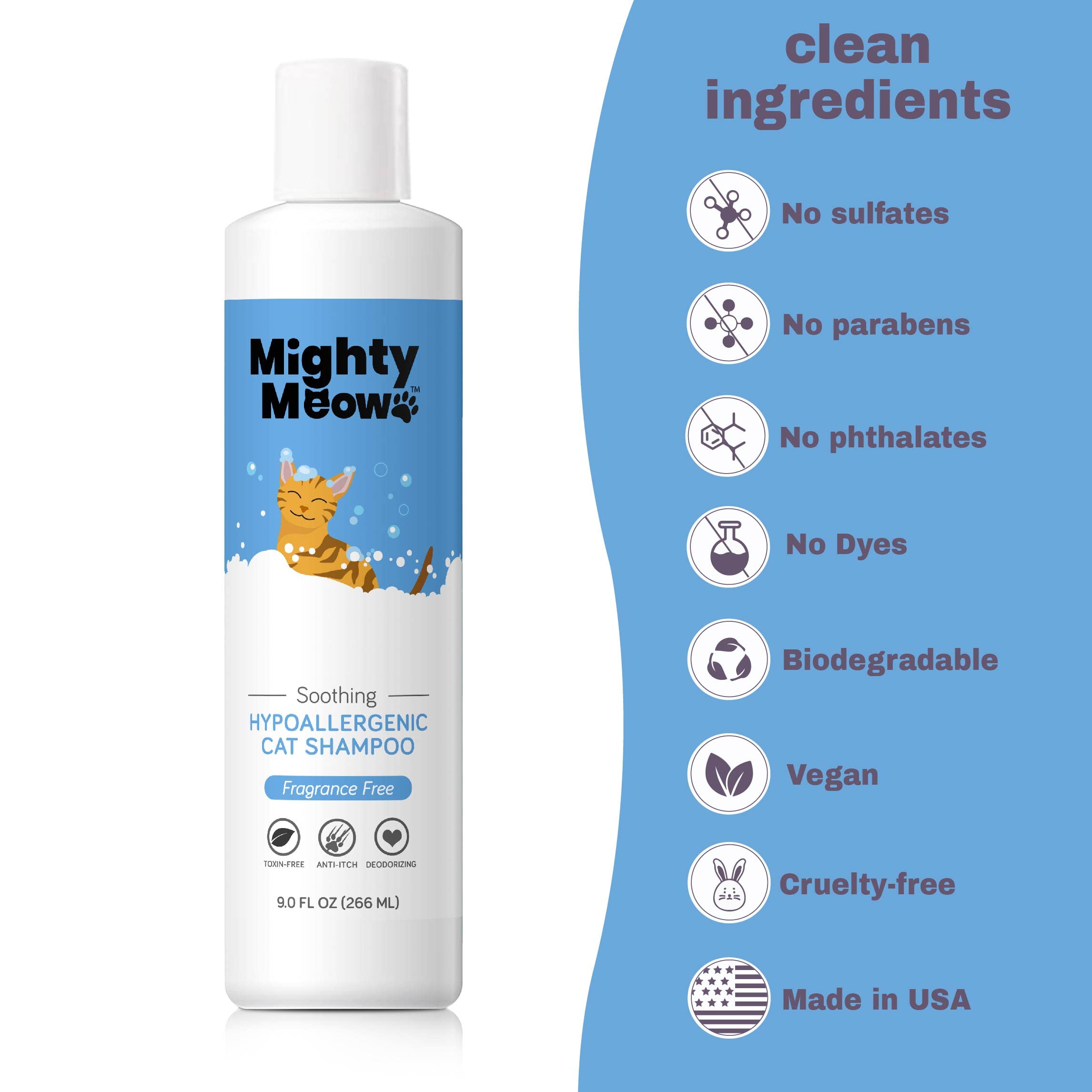 Mighty Meow shampoo close-up shows gentle lather for a soft, manageable coat.