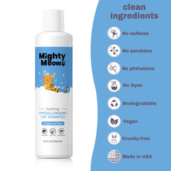 Mighty Meow shampoo close-up shows gentle lather for a soft, manageable coat.