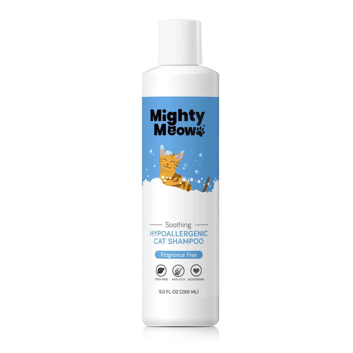 Mighty Meow Soothing Hypoallergenic Cat Shampoo bottle shows fragrance-free formula for sensitive skin.