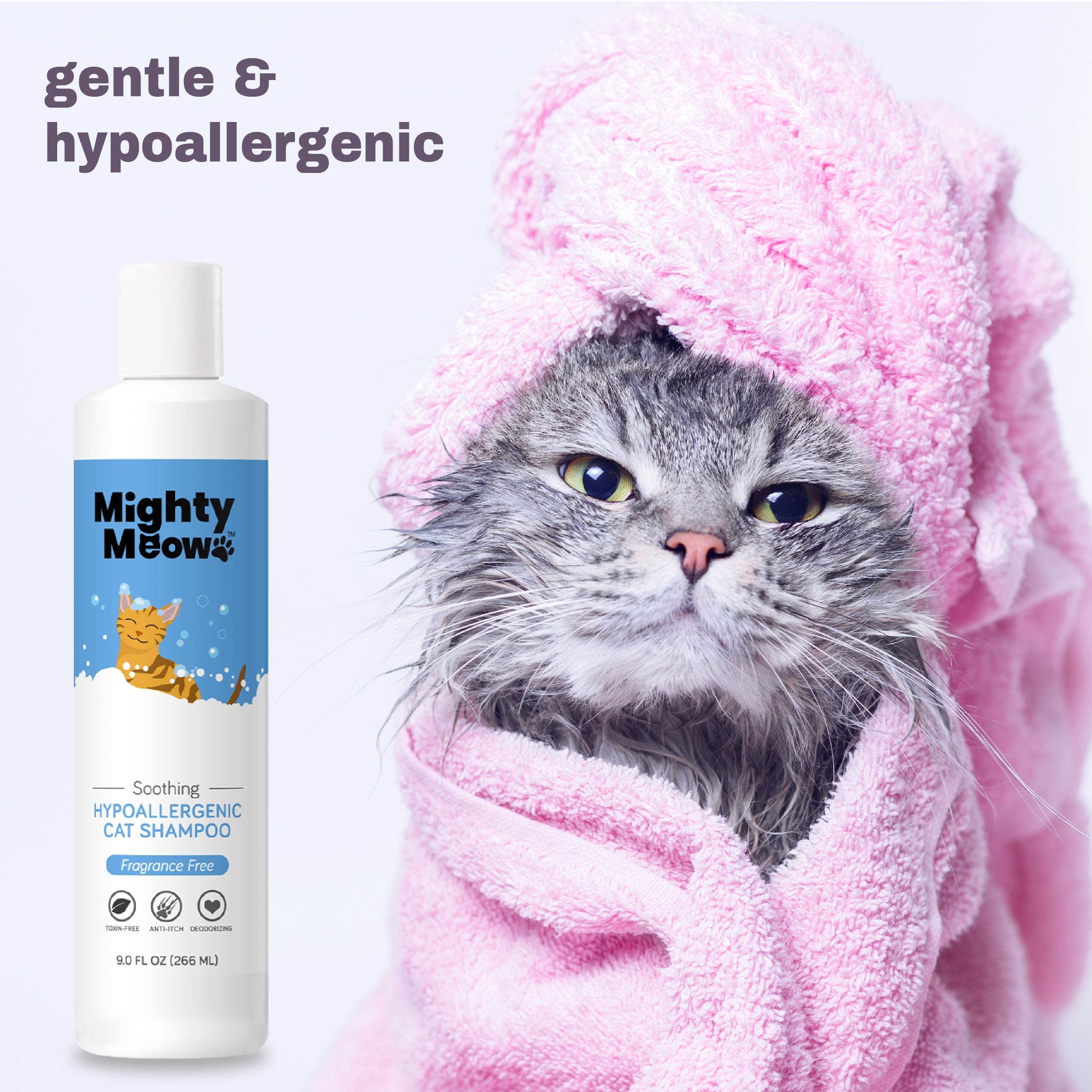 Mighty Meow packaging indicates 9 fl oz bottle ready for at-home grooming.