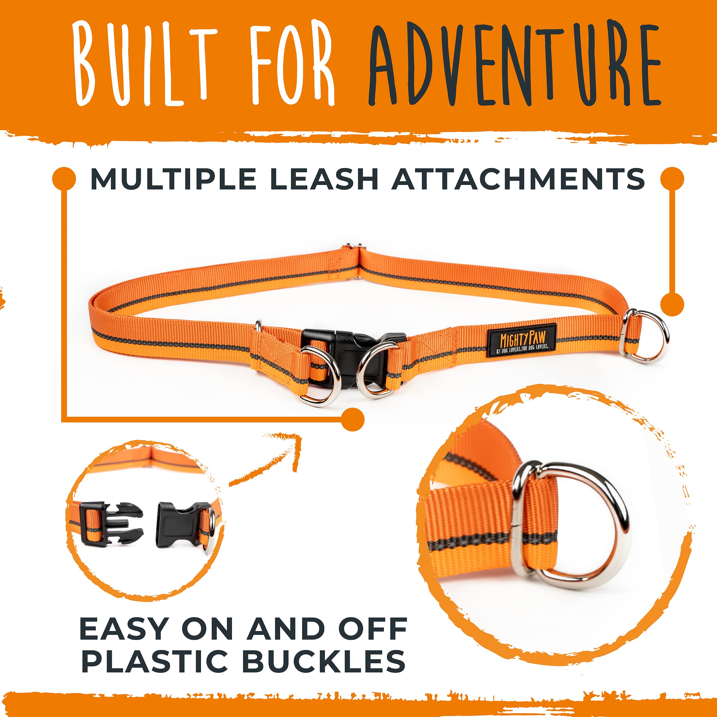 Mighty Paw adjustable waist belt fits 36-48 inches securely.