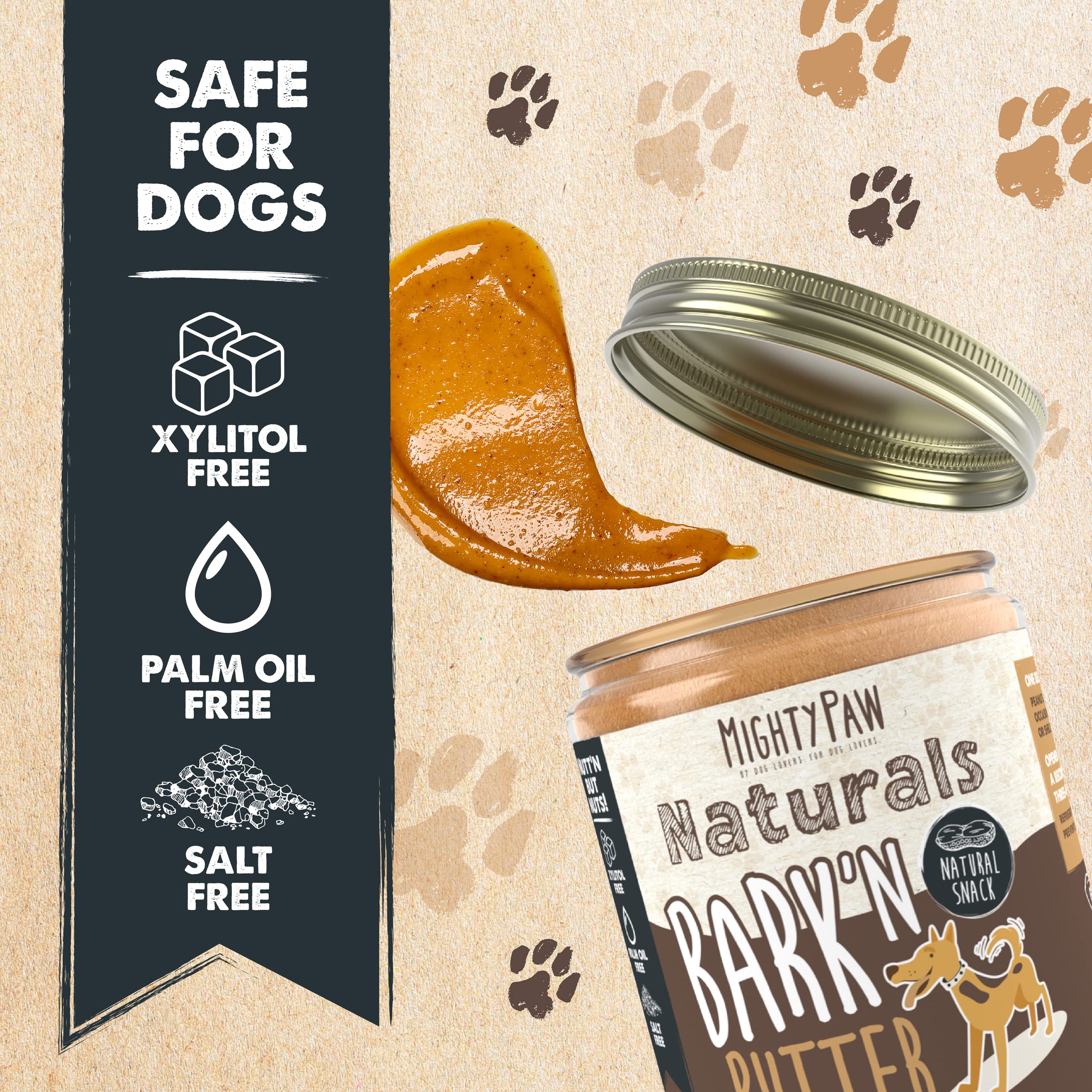 Mighty Paw Bark'n Butter front label close-up shows USA-made single-ingredient peanut butter