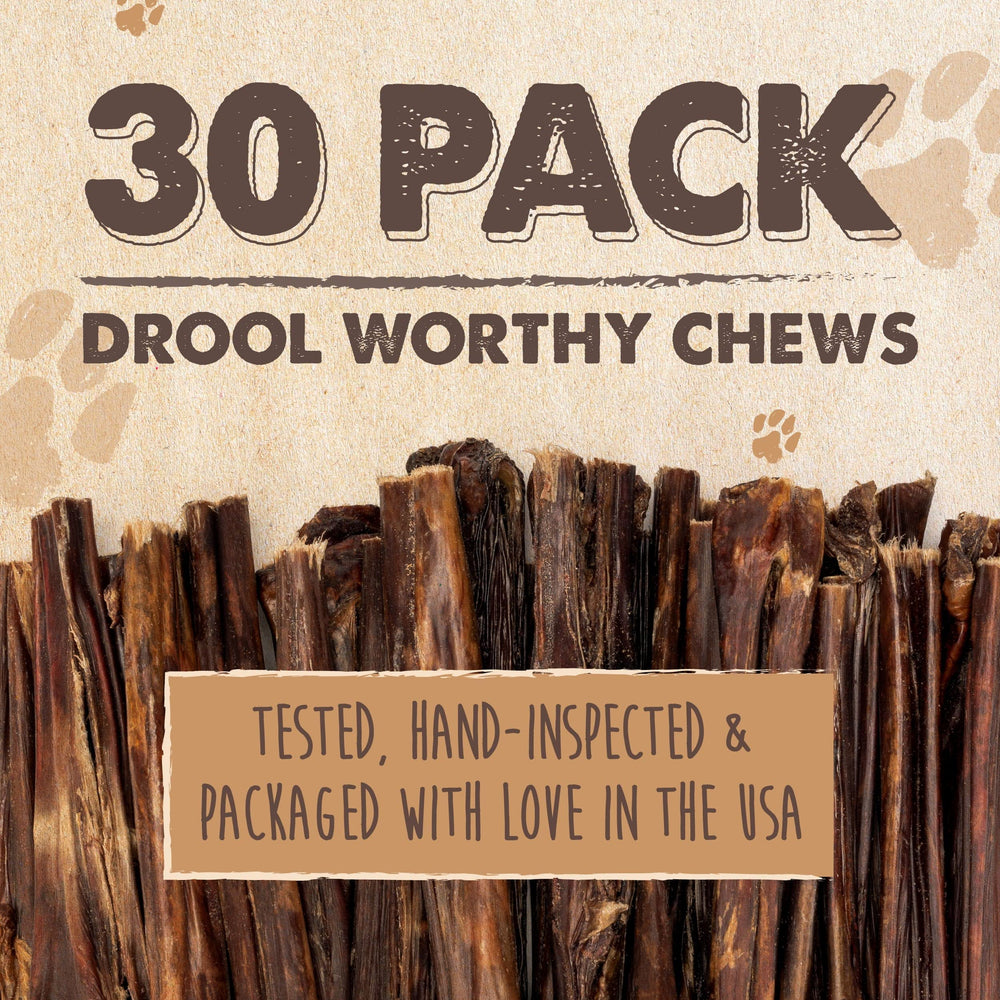 Mighty Paw beef gullet sticks in hand demonstrates 6 inch chew length.