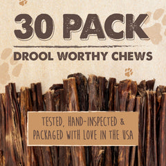 Mighty Paw beef gullet sticks in hand demonstrates 6 inch chew length.