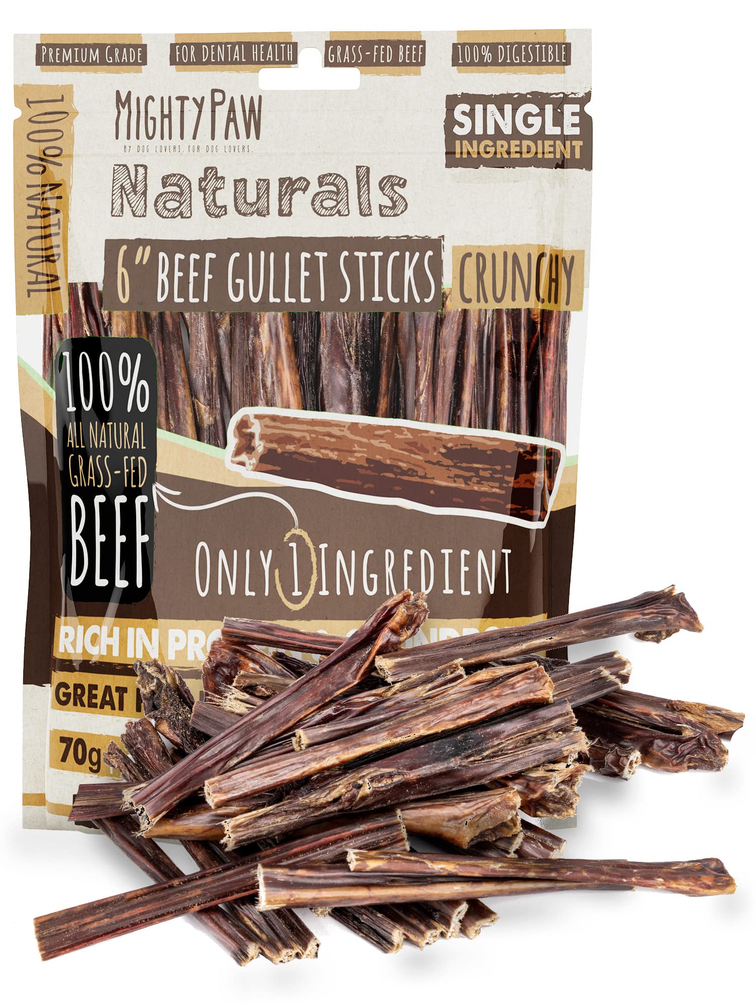Mighty Paw beef gullet sticks front pack view for bulk dog chews.