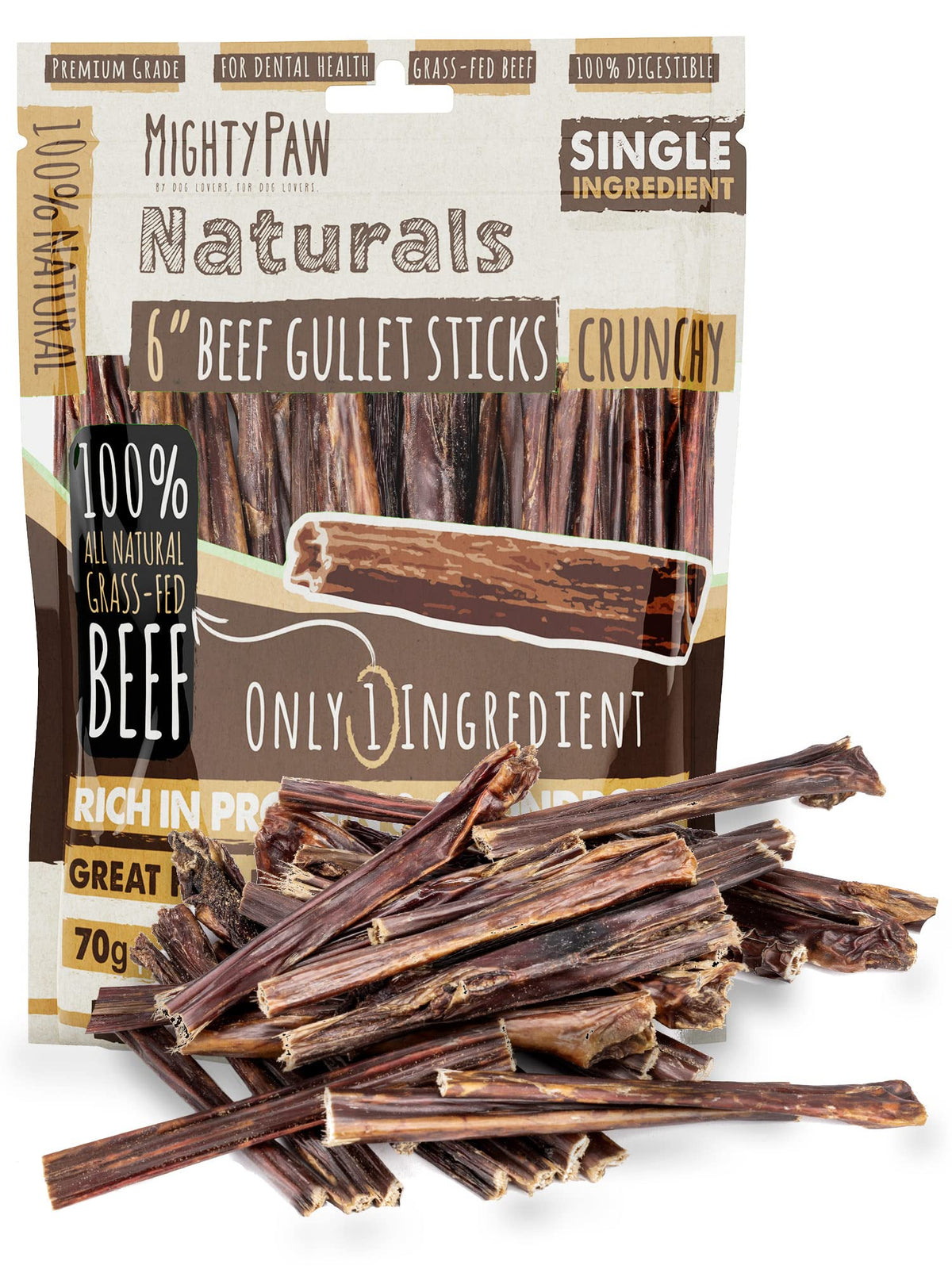 Mighty Paw beef gullet sticks front pack view for bulk dog chews.