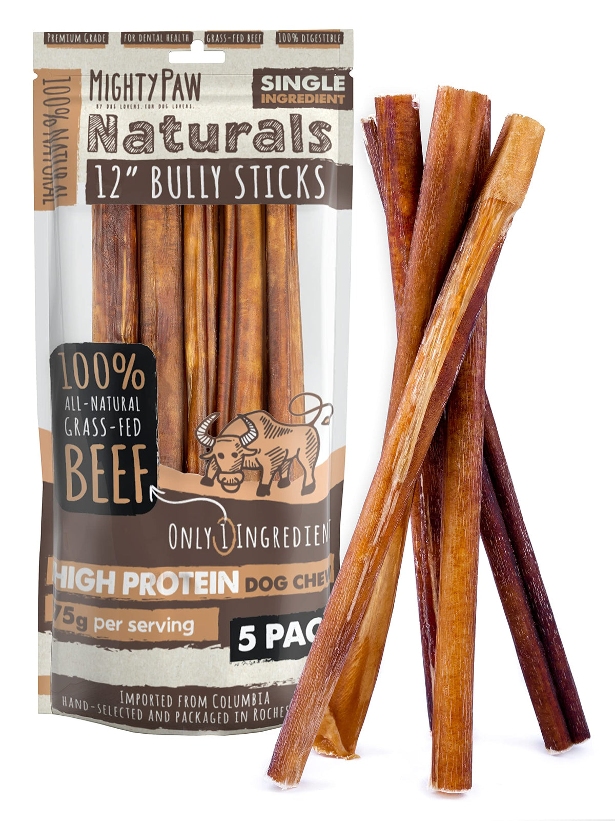 Mighty Paw bully sticks 12 inch chew pack reduces dog boredom during at-home hours.