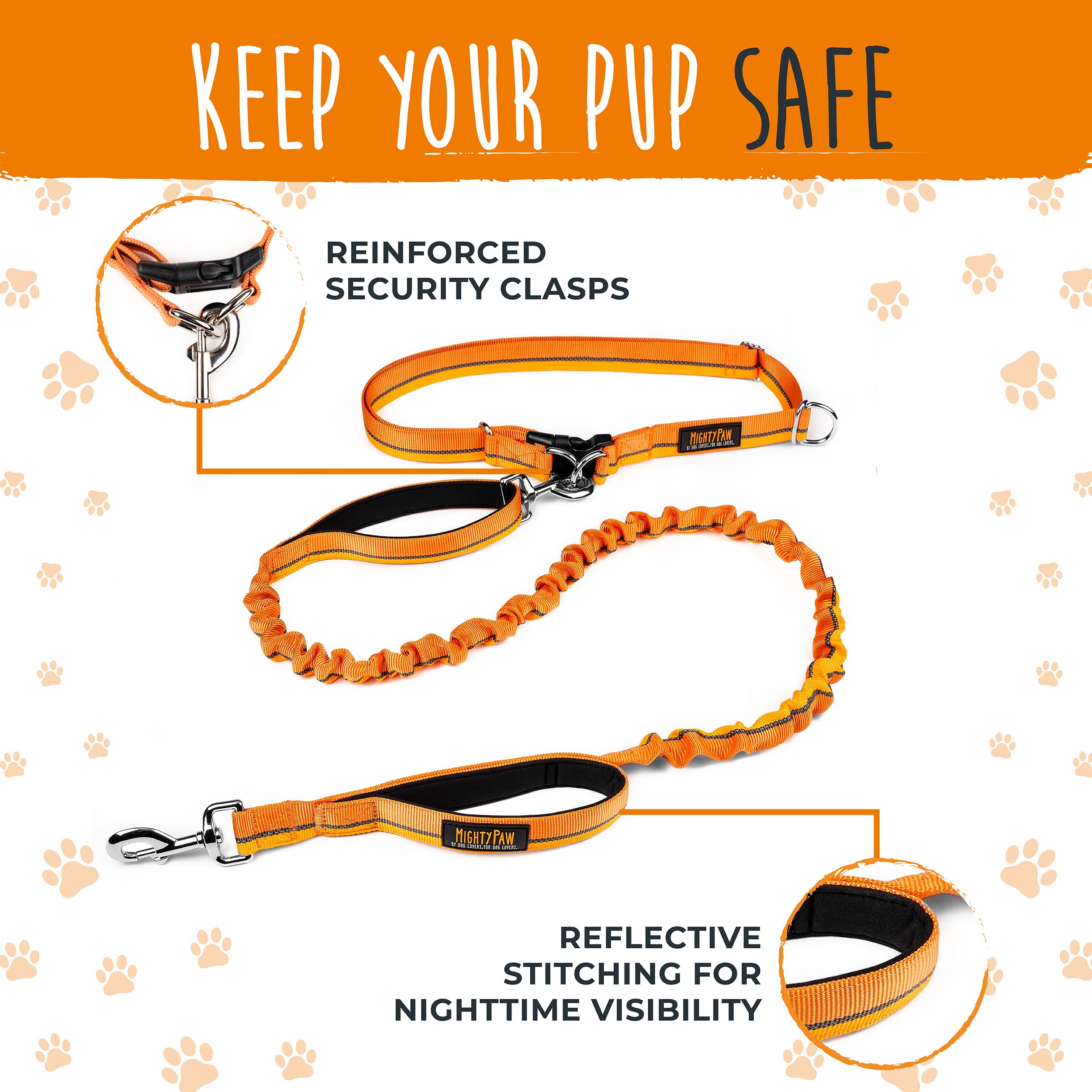 Mighty Paw bungee leash attachment point reduces sudden tugs during walks.