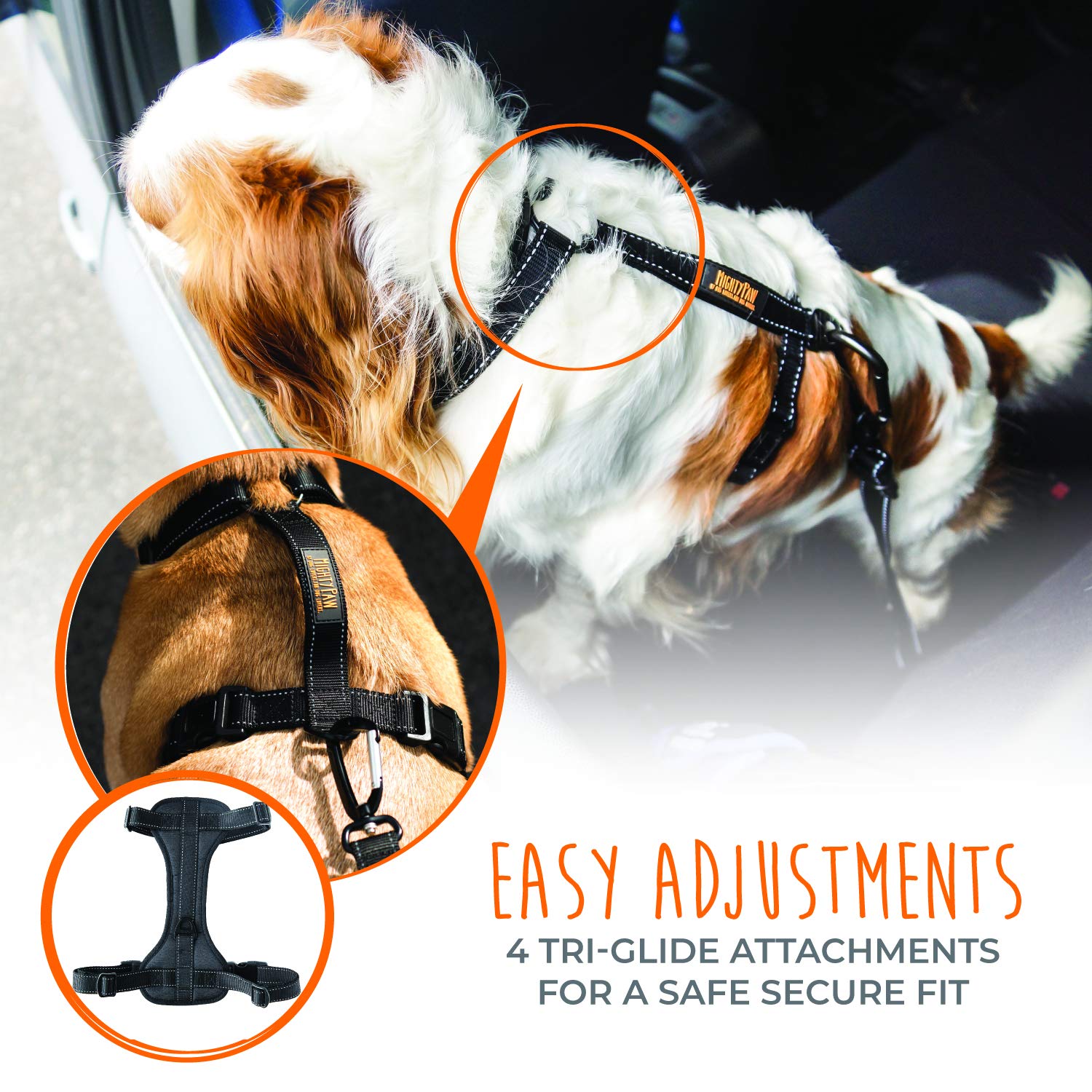 Mighty Paw Dog Car Harness reflective stitching aids visibility during evening walks.