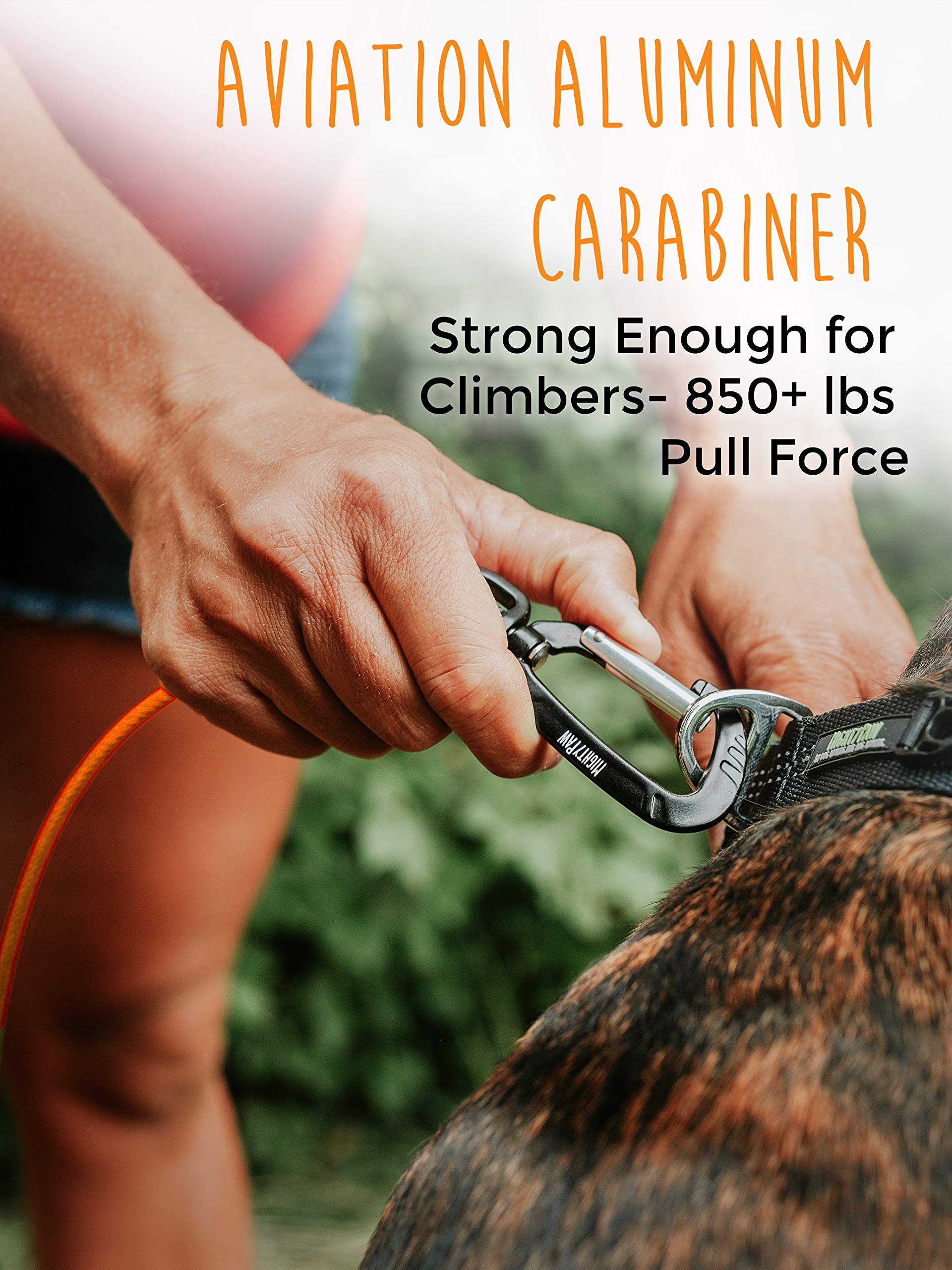Mighty Paw Dog Leash aviation aluminum carabiner enables secure tie-out options.