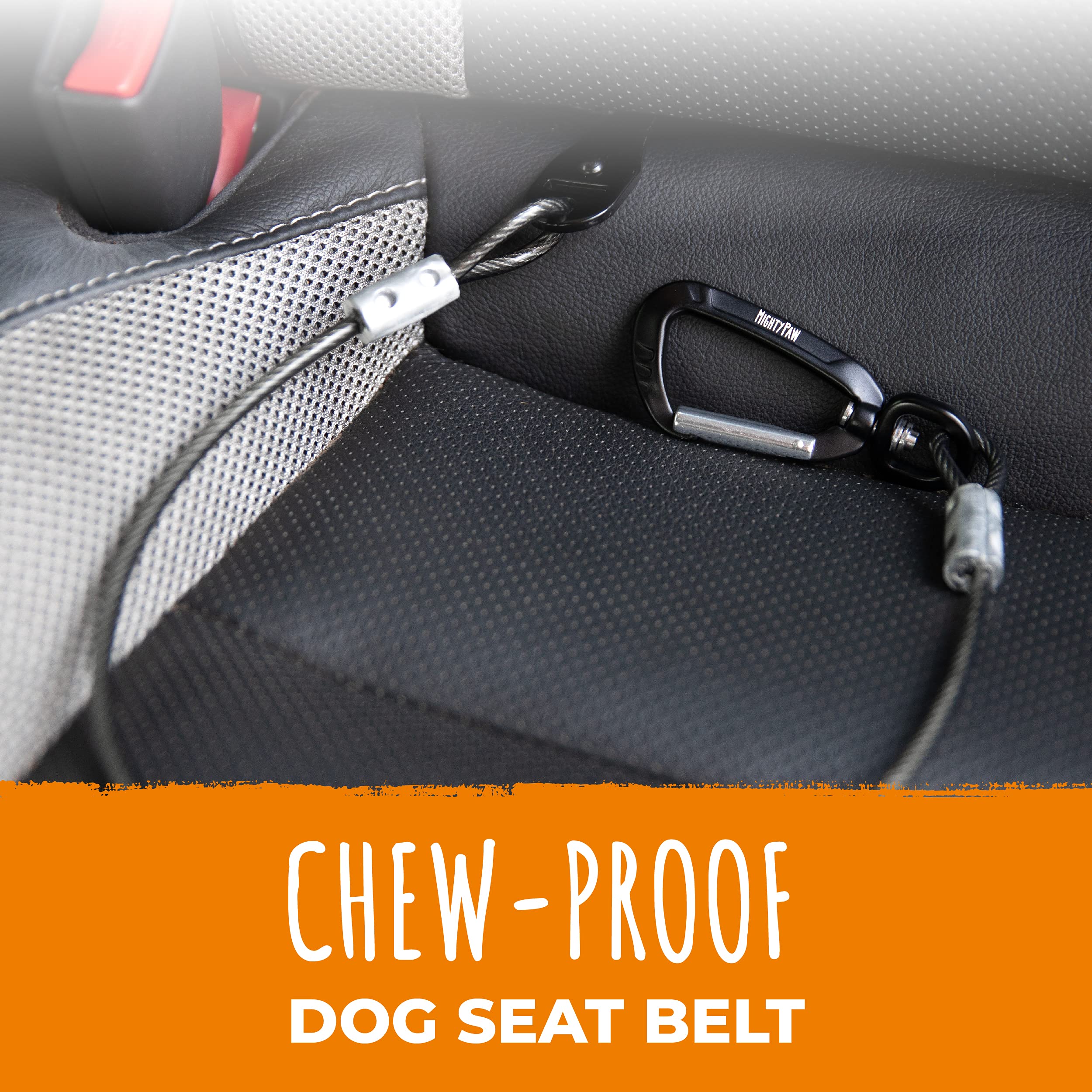 Mighty Paw dog seat belt chew-proof wire detail shows durable teething-proof construction.