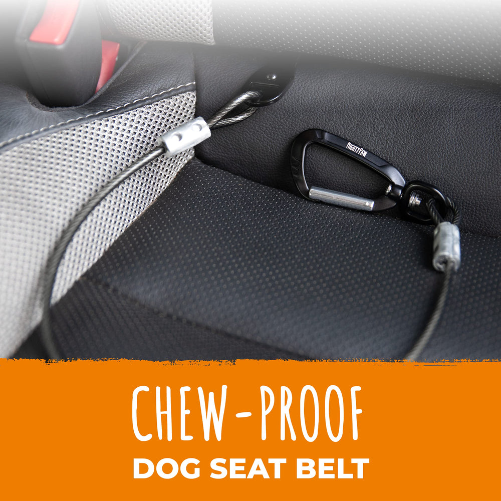 Mighty Paw dog seat belt chew-proof wire detail shows durable teething-proof construction.